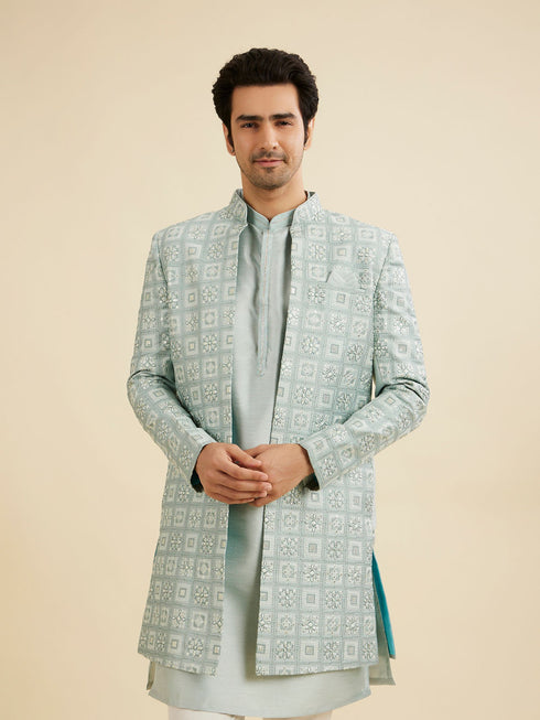 Manyavar Soft Green Grid Patterned Indo Western Set with Floral Motifs