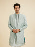 Manyavar Soft Green Grid Patterned Indo Western Set with Floral Motifs