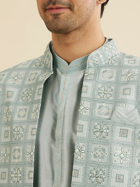Manyavar Soft Green Grid Patterned Indo Western Set with Floral Motifs