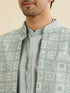 Manyavar Soft Green Grid Patterned Indo Western Set with Floral Motifs