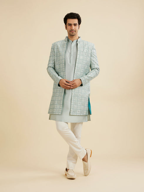 Manyavar Soft Green Grid Patterned Indo Western Set with Floral Motifs