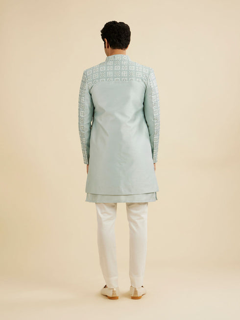 Manyavar Soft Green Grid Patterned Indo Western Set with Floral Motifs