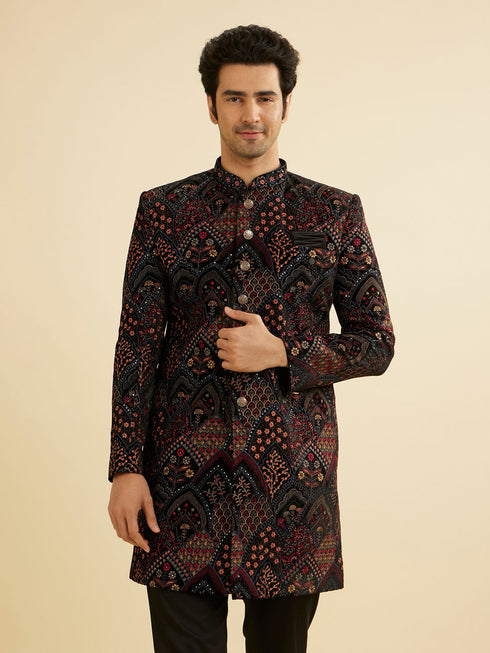 Manyavar Ebony Black Indo Western Set with Fish Scale Pattern And Fern Motifs