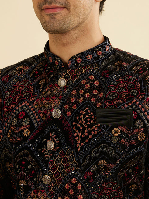 Manyavar Ebony Black Indo Western Set with Fish Scale Pattern And Fern Motifs