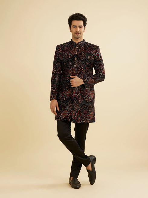 Manyavar Ebony Black Indo Western Set with Fish Scale Pattern And Fern Motifs