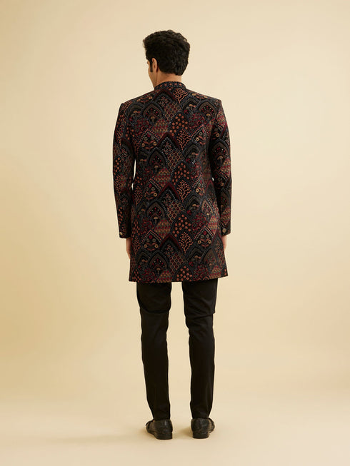 Manyavar Ebony Black Indo Western Set with Fish Scale Pattern And Fern Motifs