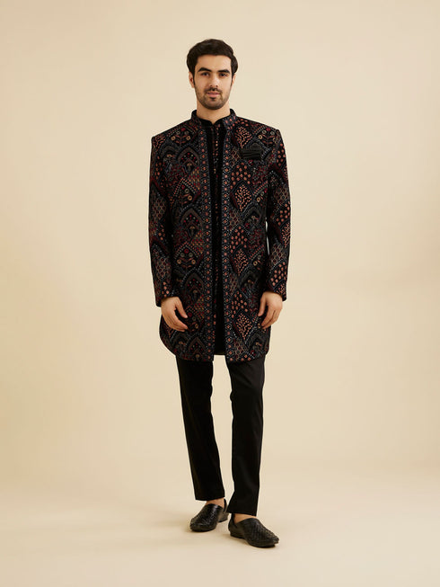 Manyavar Midnight Black Indo Western Set with Fish Scale Pattern And Fern Motifs