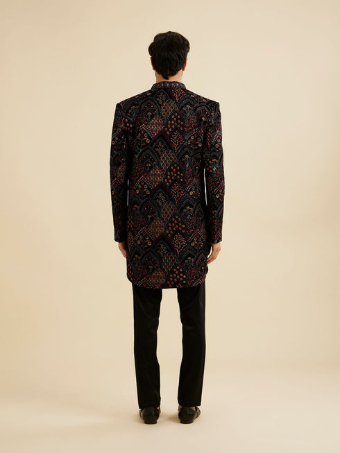 Manyavar Midnight Black Indo Western Set with Fish Scale Pattern And Fern Motifs