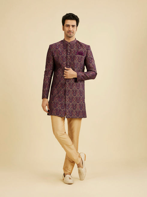 Manyavar Wine Red Medallion Jaal Patterned Indo Western Set