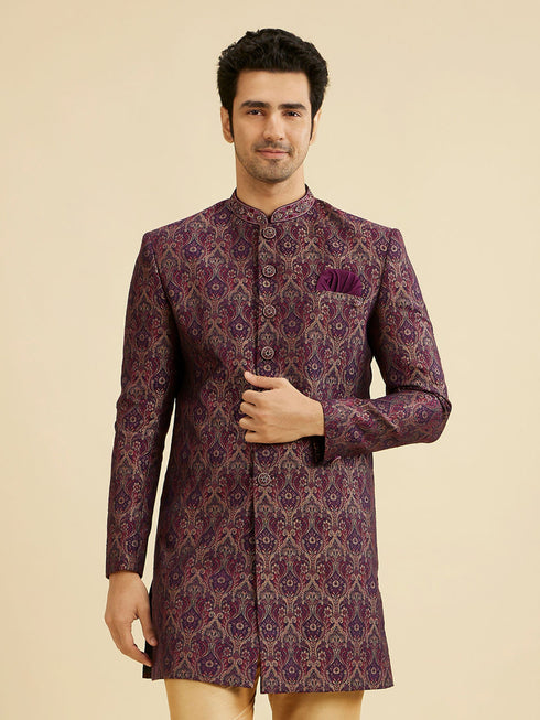 Manyavar Wine Red Medallion Jaal Patterned Indo Western Set