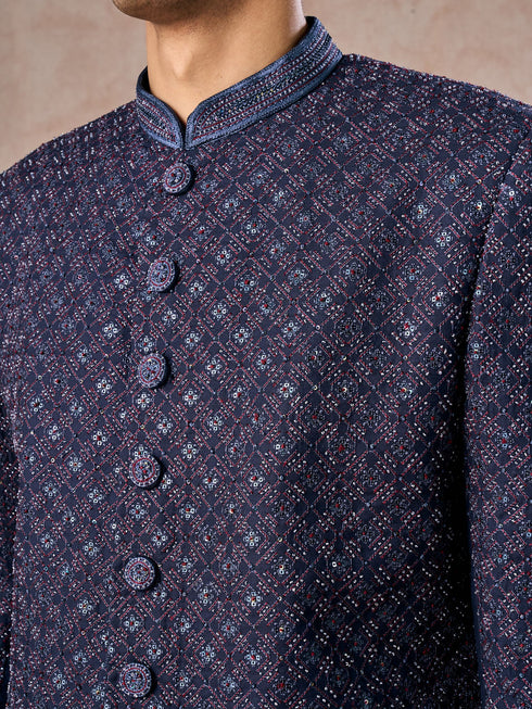 Manyavar Lustrous Dark Blue Cotton Indo Western