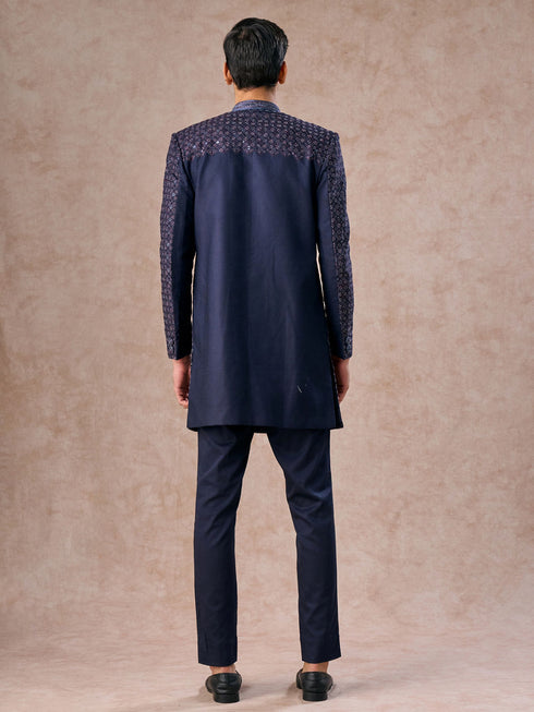 Manyavar Lustrous Dark Blue Cotton Indo Western