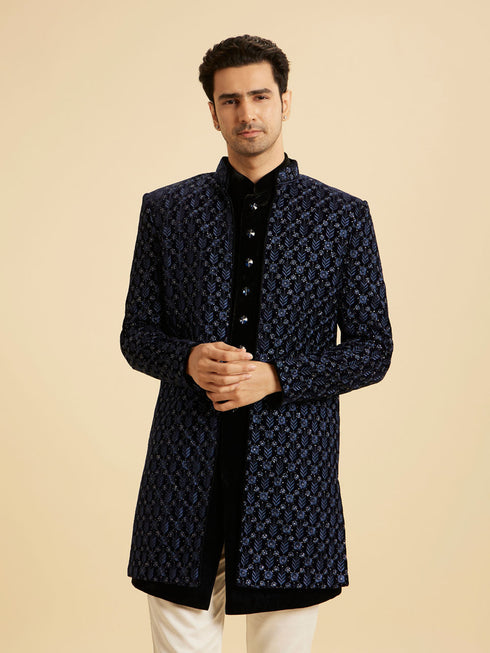 Manyavar Royal Blue Velvet Splendor Indo Western