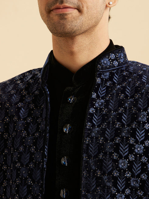 Manyavar Royal Blue Velvet Splendor Indo Western