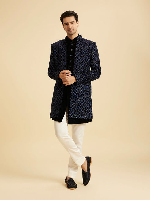 Manyavar Royal Blue Velvet Splendor Indo Western