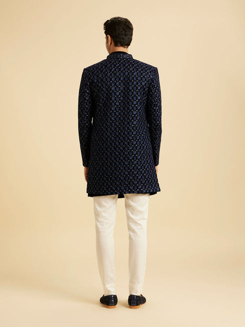 Manyavar Royal Blue Velvet Splendor Indo Western