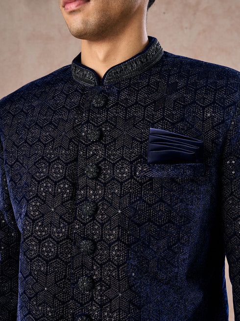 Manyavar Dazzling Dark Blue Velvet Indo Western