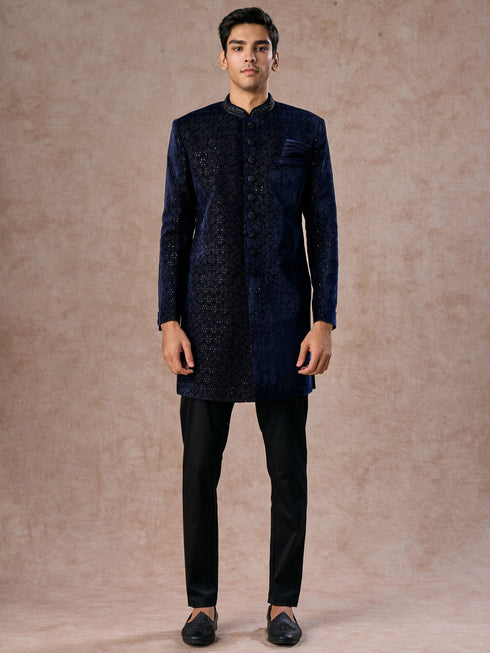 Manyavar Dazzling Dark Blue Velvet Indo Western