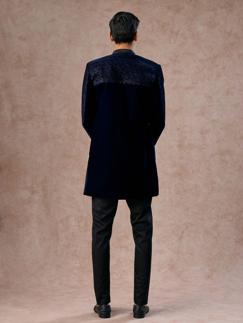Manyavar Dazzling Dark Blue Velvet Indo Western