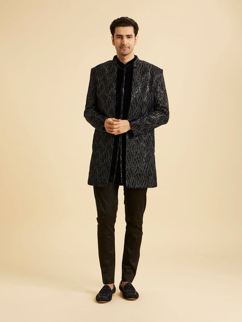 Manyavar Dark Blue Velvet Indo Western Ensemble
