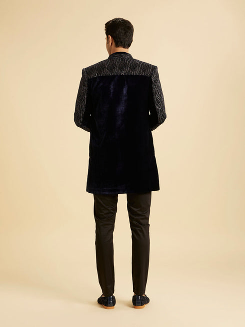 Manyavar Dark Blue Velvet Indo Western Ensemble