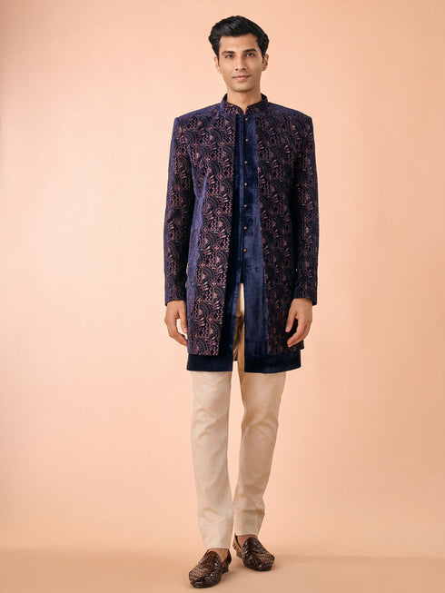 Manyavar Peacock Blue Velvet Radiance Indo Western