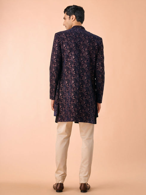 Manyavar Peacock Blue Velvet Radiance Indo Western