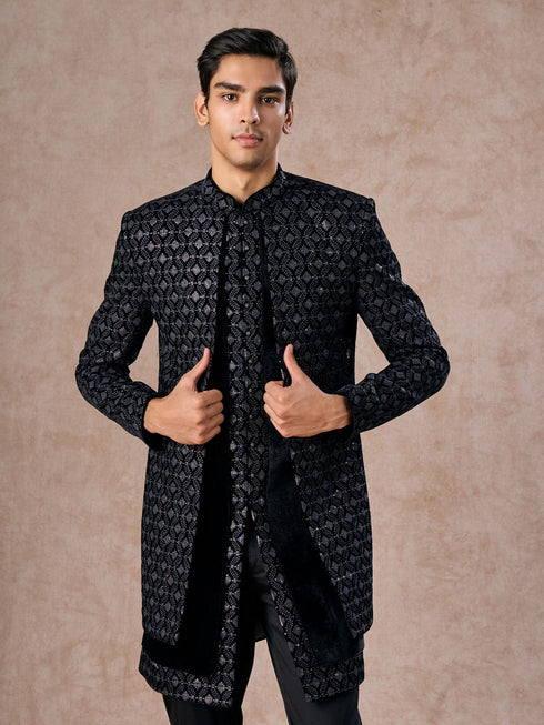 Manyavar Elegant Black Velvet Indo Western