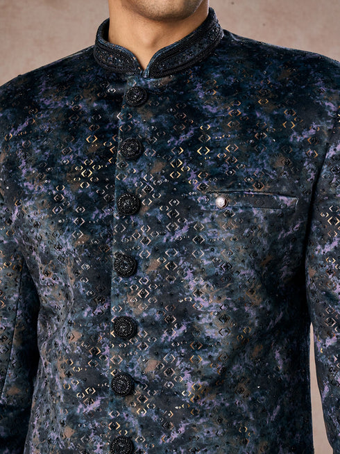 Manyavar Olive Green Velvet Grandeur Indo Western