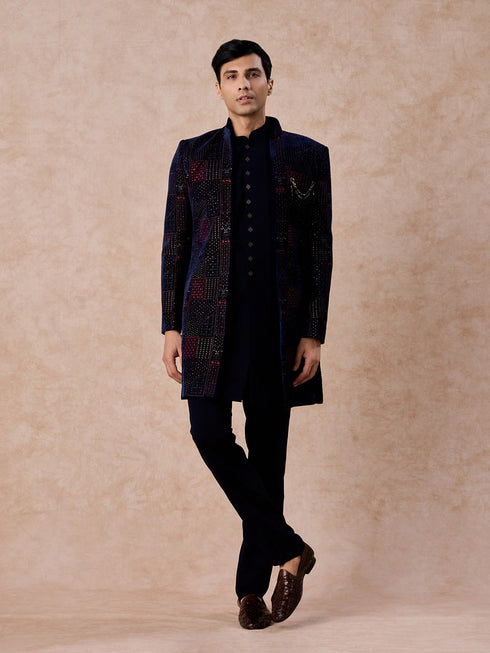 Manyavar Majestic Blue Velvet Royal Indo Western