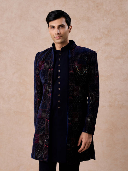 Manyavar Majestic Blue Velvet Royal Indo Western