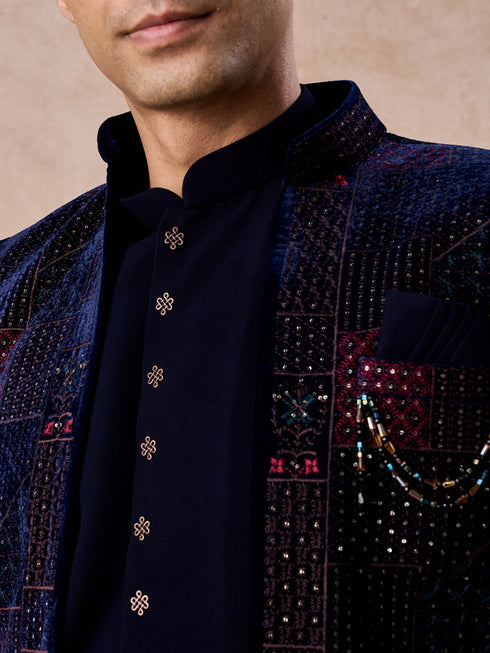 Manyavar Majestic Blue Velvet Royal Indo Western