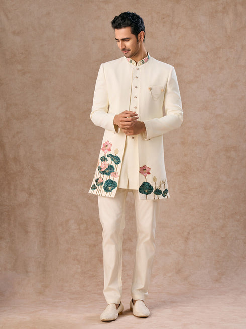 Manyavar Cream Colored Rayon Indo Western Ensemble