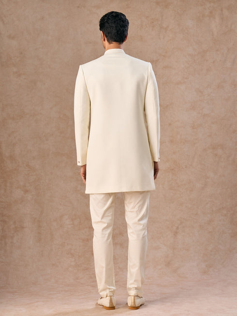 Manyavar Cream Colored Rayon Indo Western Ensemble