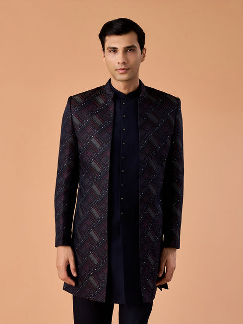 Manyavar Regal Blue Brocade Indo Western Set