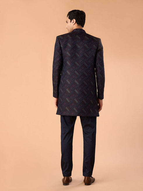 Manyavar Regal Blue Brocade Indo Western Set