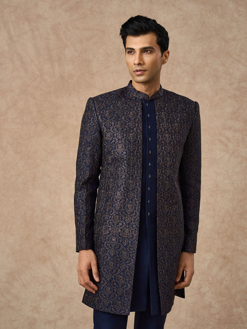 Manyavar Dark Blue Silk Indo Western