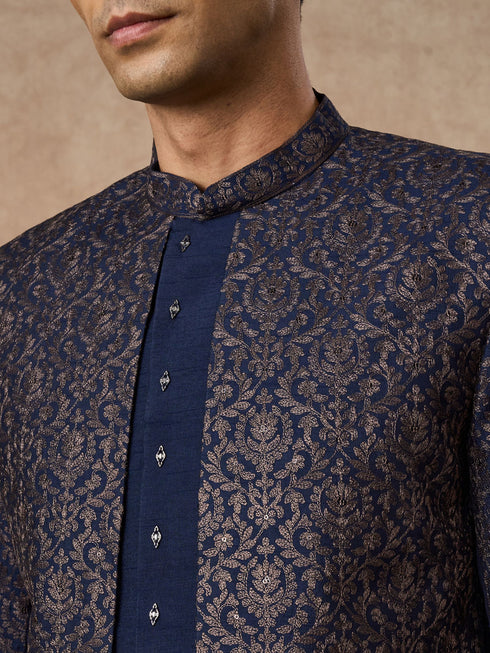 Manyavar Dark Blue Silk Indo Western