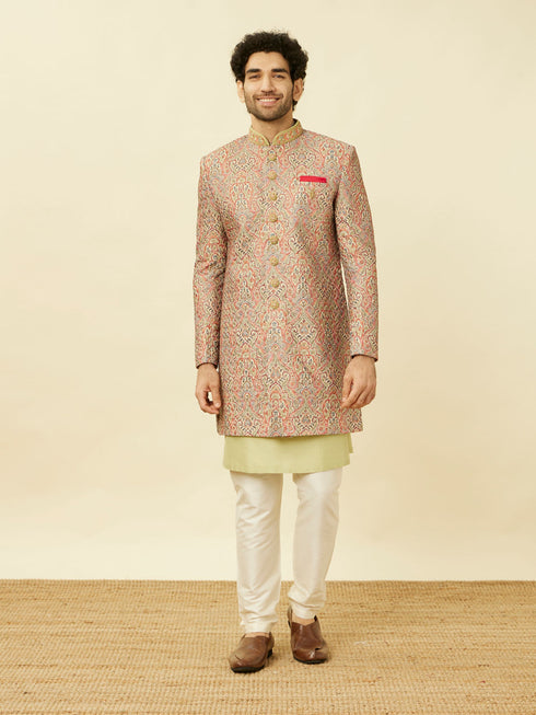 Manyavar Coral Pink Medallion Patterned Indo Western Set