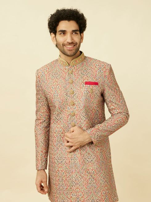 Manyavar Coral Pink Medallion Patterned Indo Western Set