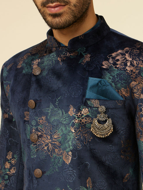 Manyavar Dark Blue Floral Patterned Indo Western Set