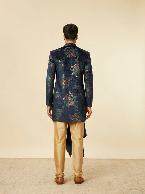 Manyavar Dark Blue Floral Patterned Indo Western Set