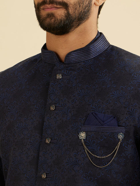 Manyavar Navy Blue Bel Buti Patterned Indo Western Set