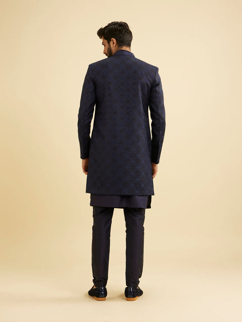 Manyavar Navy Blue Bel Buti Patterned Indo Western Set