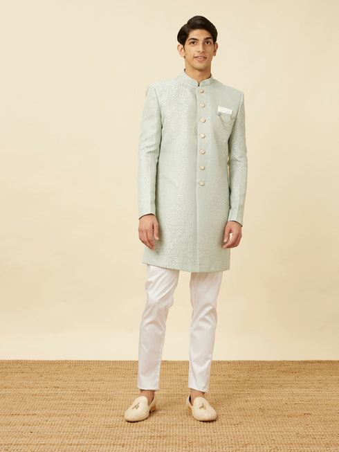 Manyavar Delicate Blue Medallion Patterned Indo Western Jacket