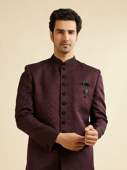 Manyavar Wine Imperial Patterned Indo Western Set