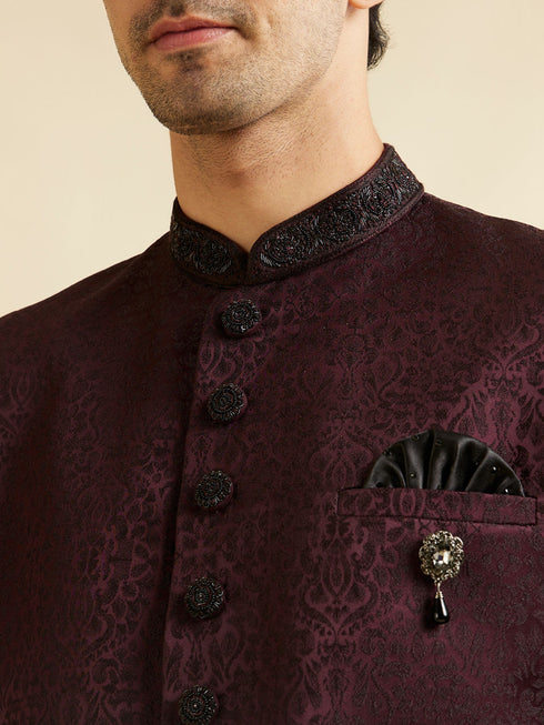 Manyavar Wine Imperial Patterned Indo Western Set