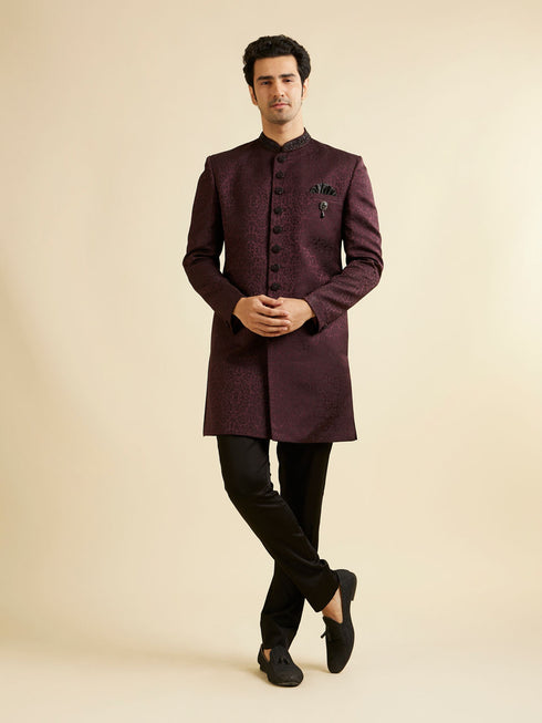 Manyavar Wine Imperial Patterned Indo Western Set