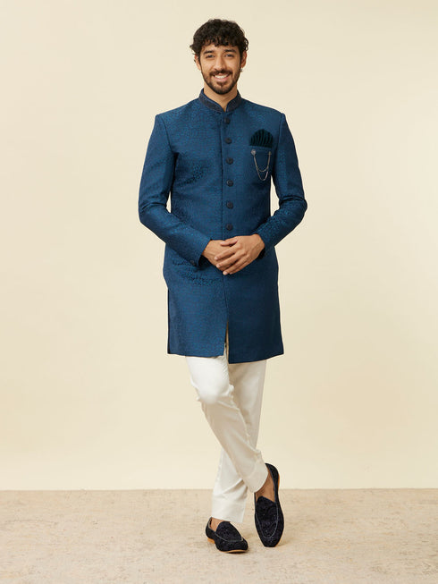 Manyavar Teal Blue Medallion Patterned Indo Western Set