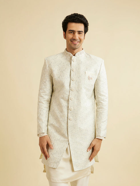 Manyavar Smoke Grey Floral Vine Patterned Indo Western Set